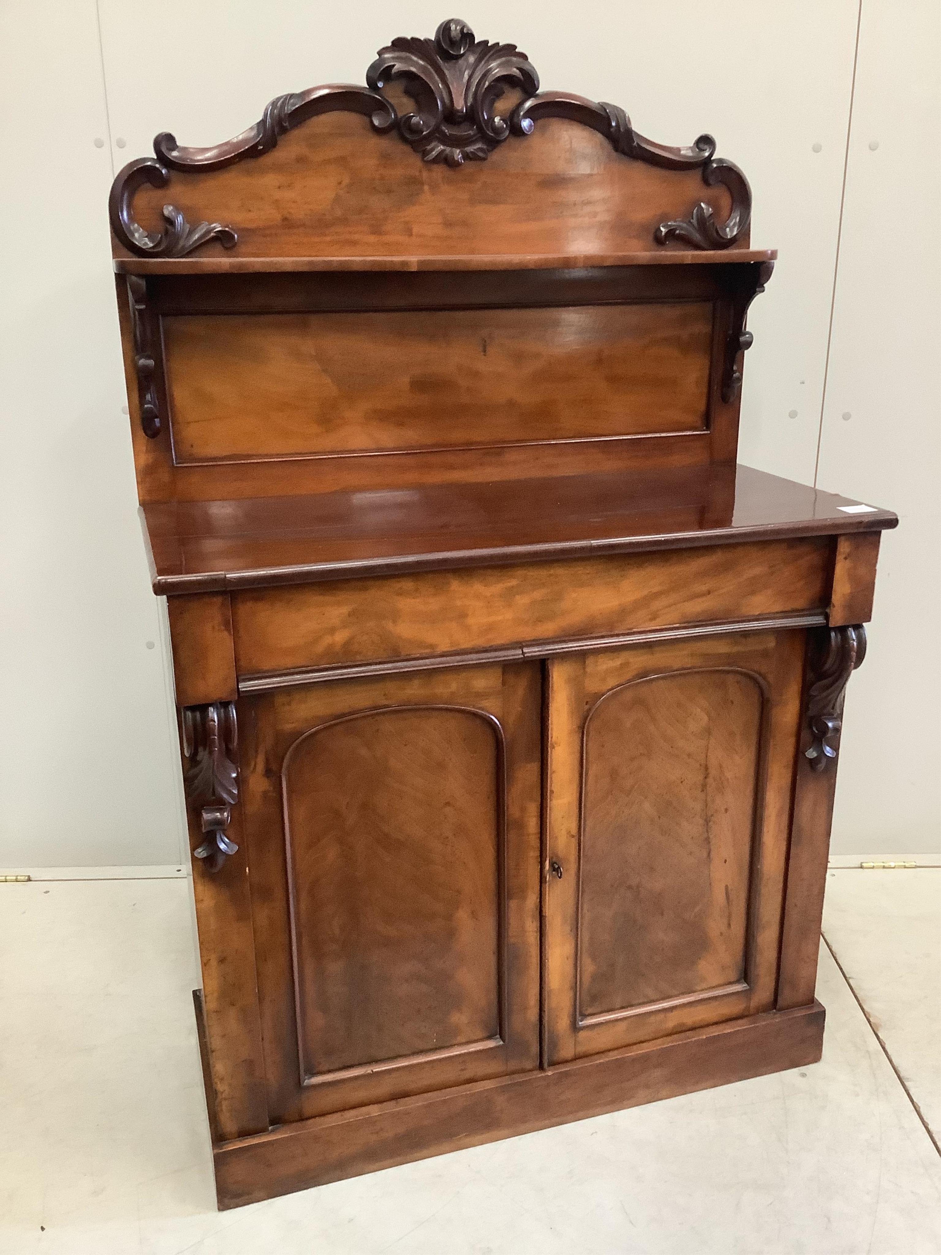 A Victorian mahogany chiffonier, width 91cm, depth 42cm, height 145cm. Condition - fair, plinth foot damaged